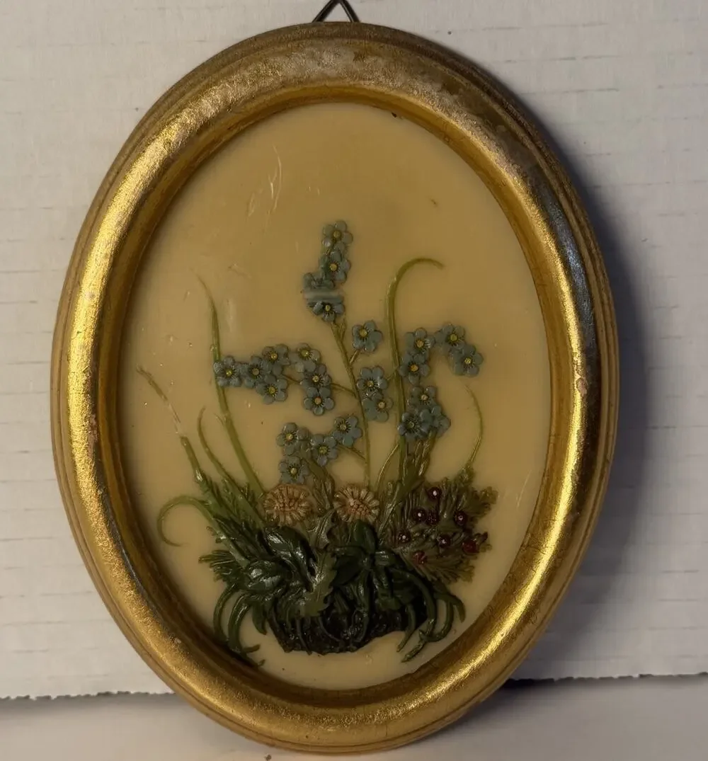 Vintage German Forget Me Not Floral Wall Plaque Oval Gold Frame 3D Relief Art